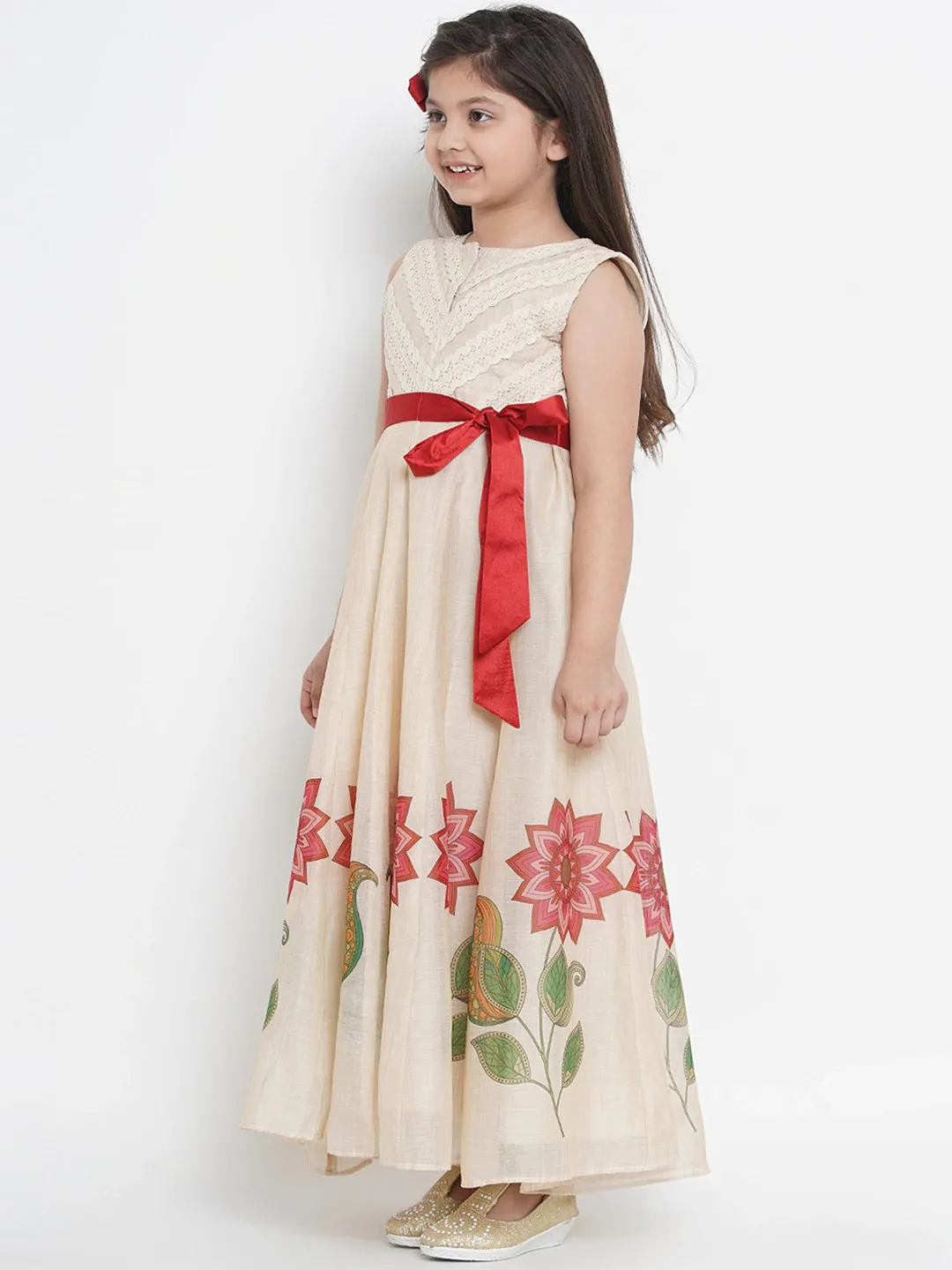 Girl's Beige Printed Maxi Dress  - NOZ2TOZ KIDS