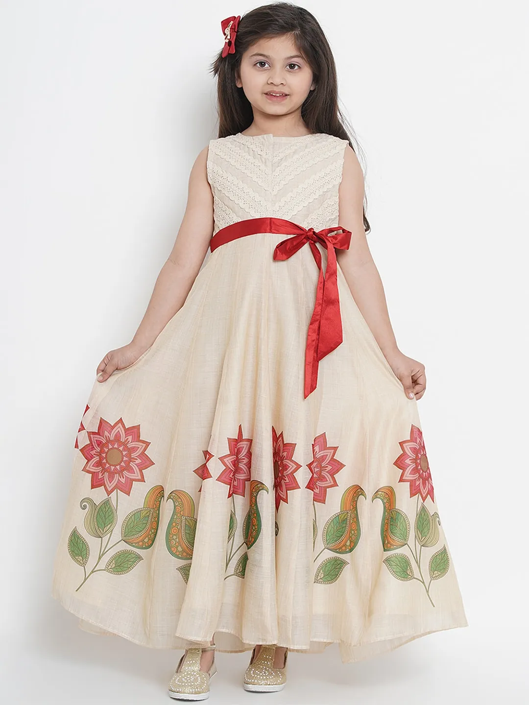 Girl's Beige Printed Maxi Dress  - NOZ2TOZ KIDS