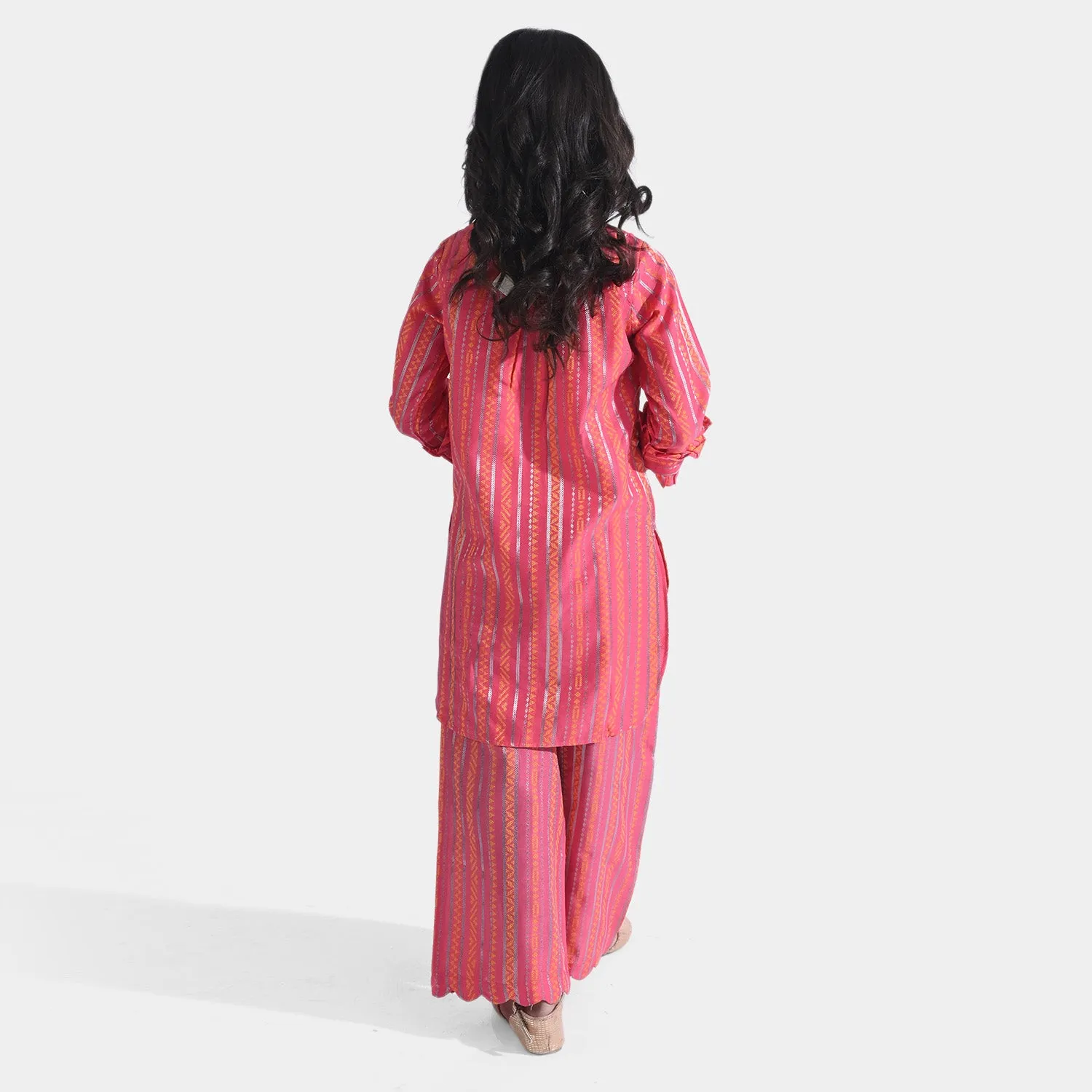 Girls Jacquard 2PCs Suit Stripes-P. Pink