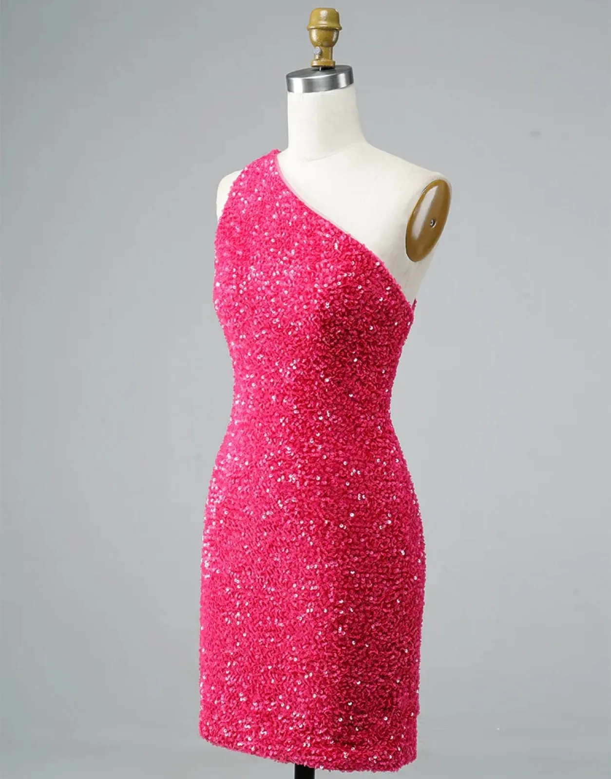 Glitter Hot Pink Sequin One Shoulder Homecoming Wedding Party Dress