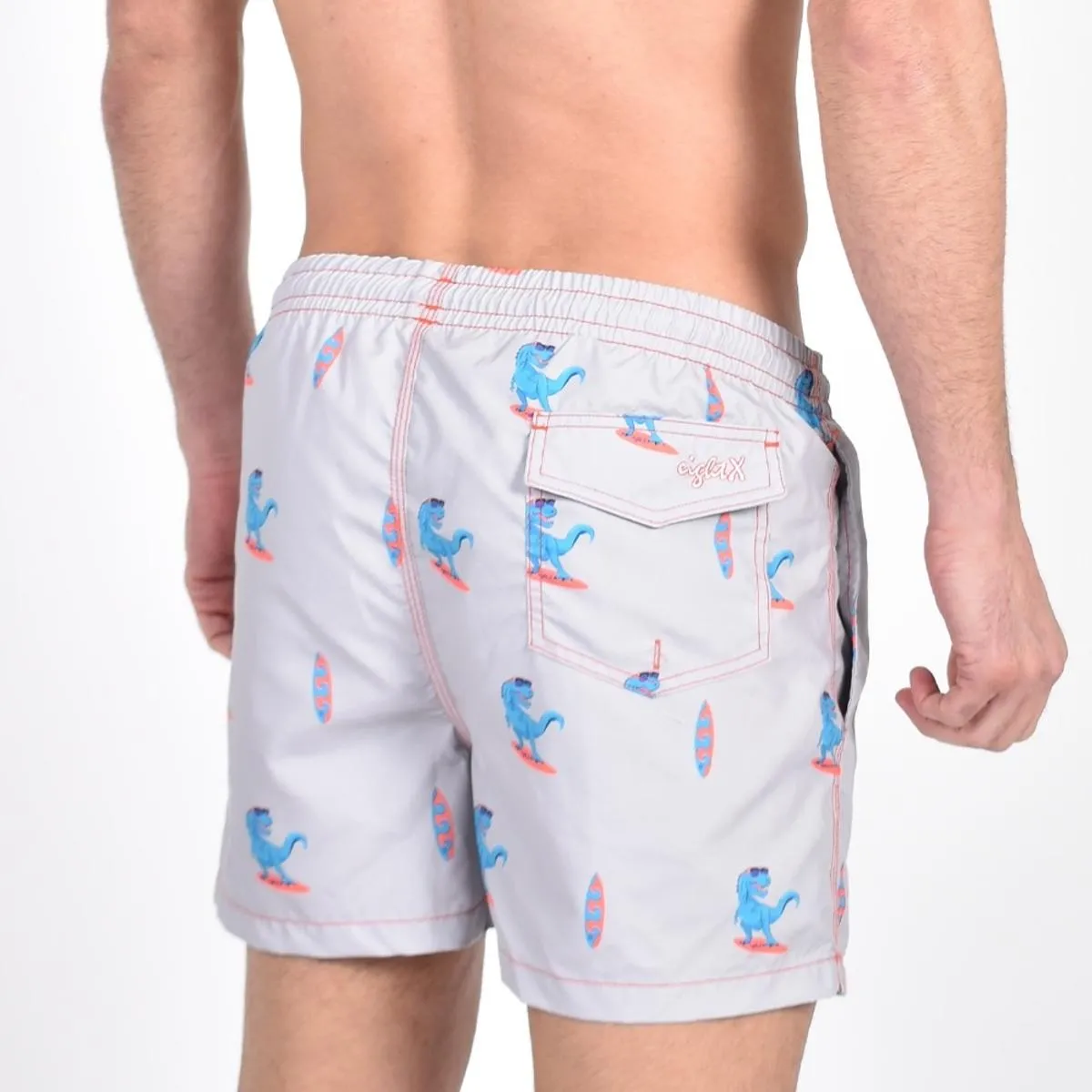 Gray Surfing T-Rex Swim Trunks by EightX