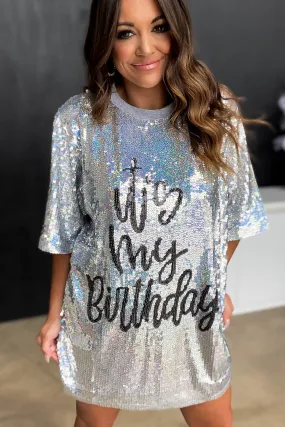 IT'S MY BIRTHDAY SILVER SEQUIN T-SHIRT DRESS