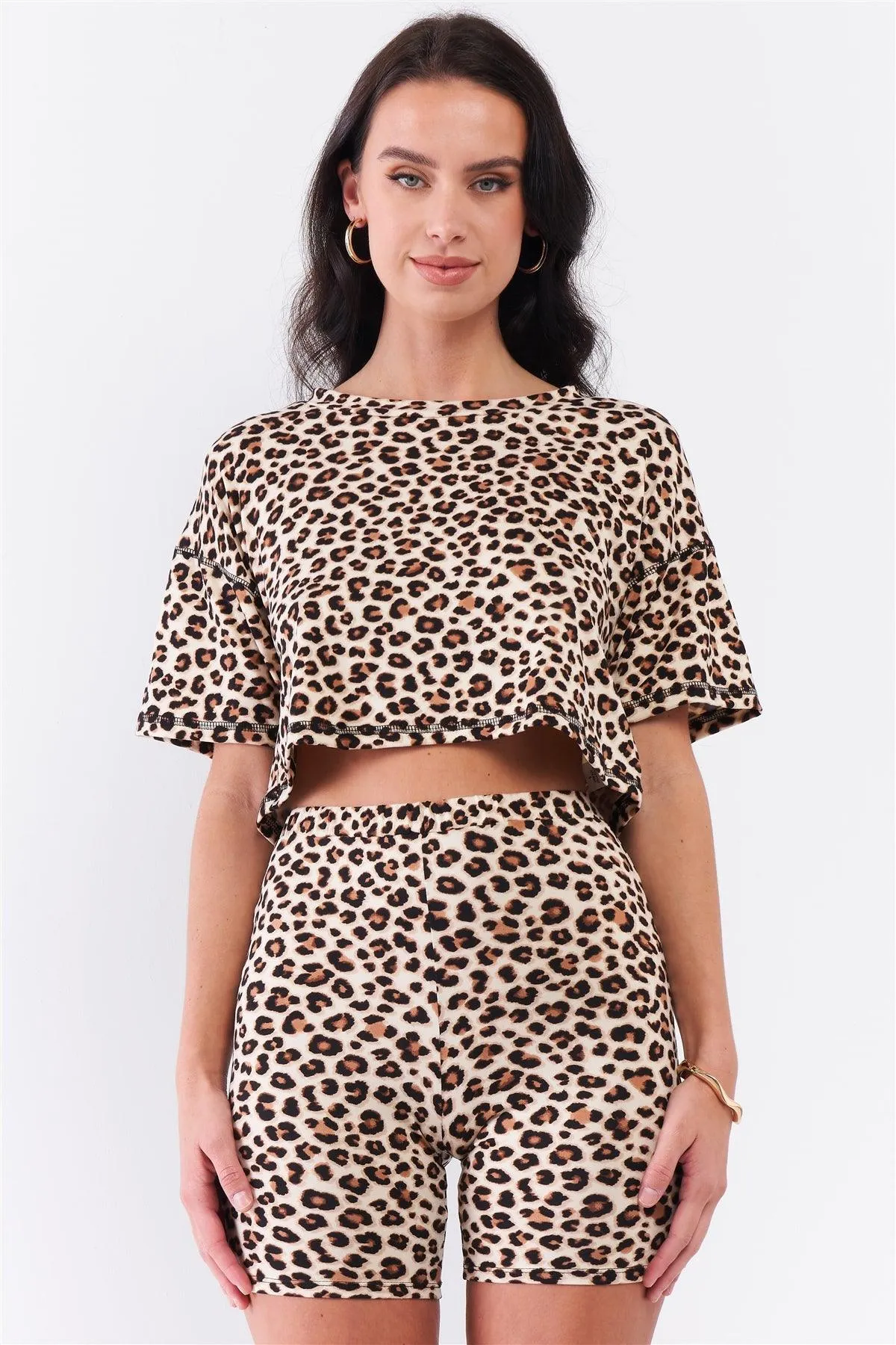 Ivory & Brown Leopard Crew Neck Dropped Shoulder Cropped Top Short Sleeve Print High Waisted Fitted Biker Shorts Set /2-3-1