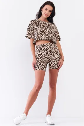 Ivory & Brown Leopard Crew Neck Dropped Shoulder Cropped Top Short Sleeve Print High Waisted Fitted Biker Shorts Set /2-3-1