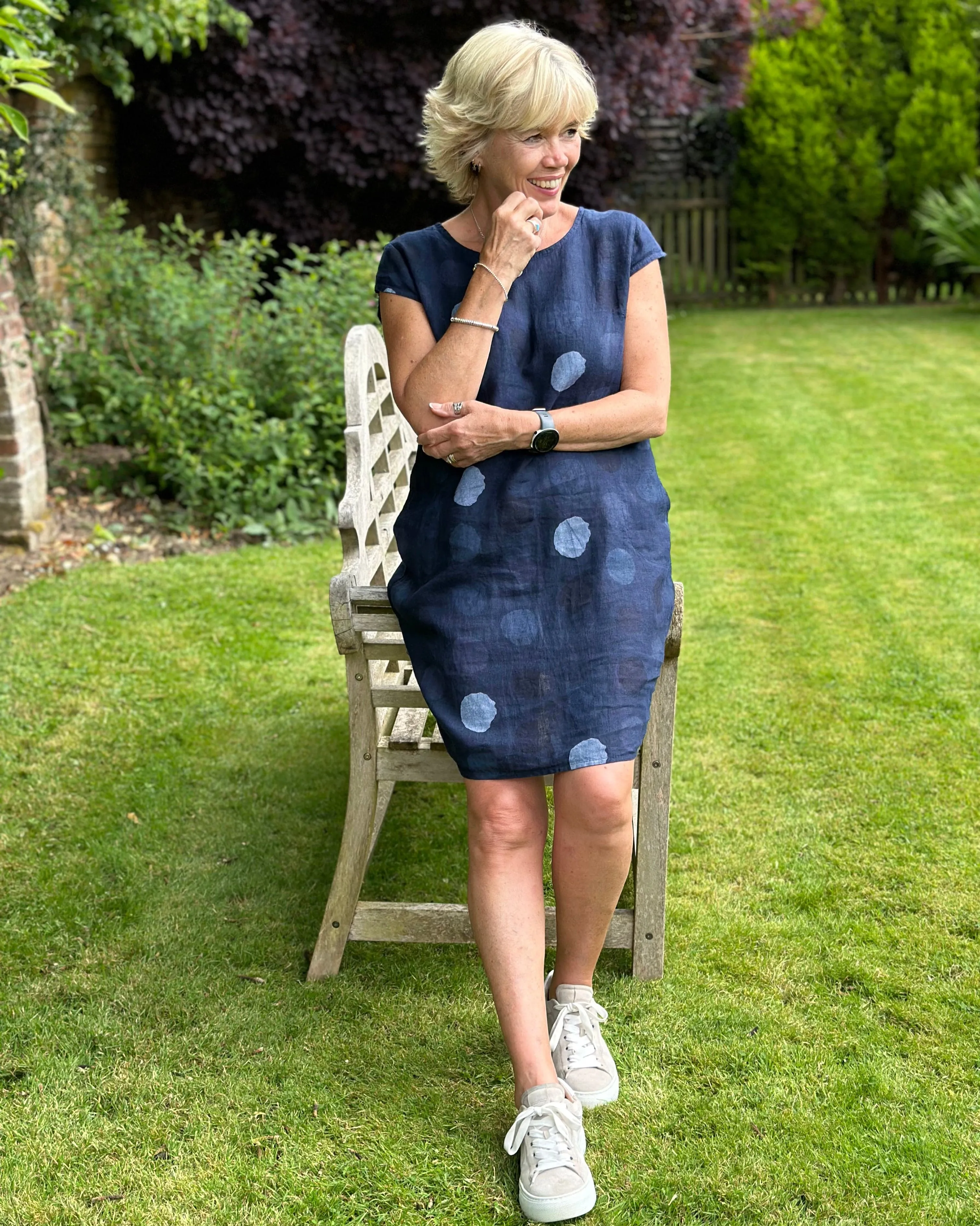 Linen Dress - Navy With Dots