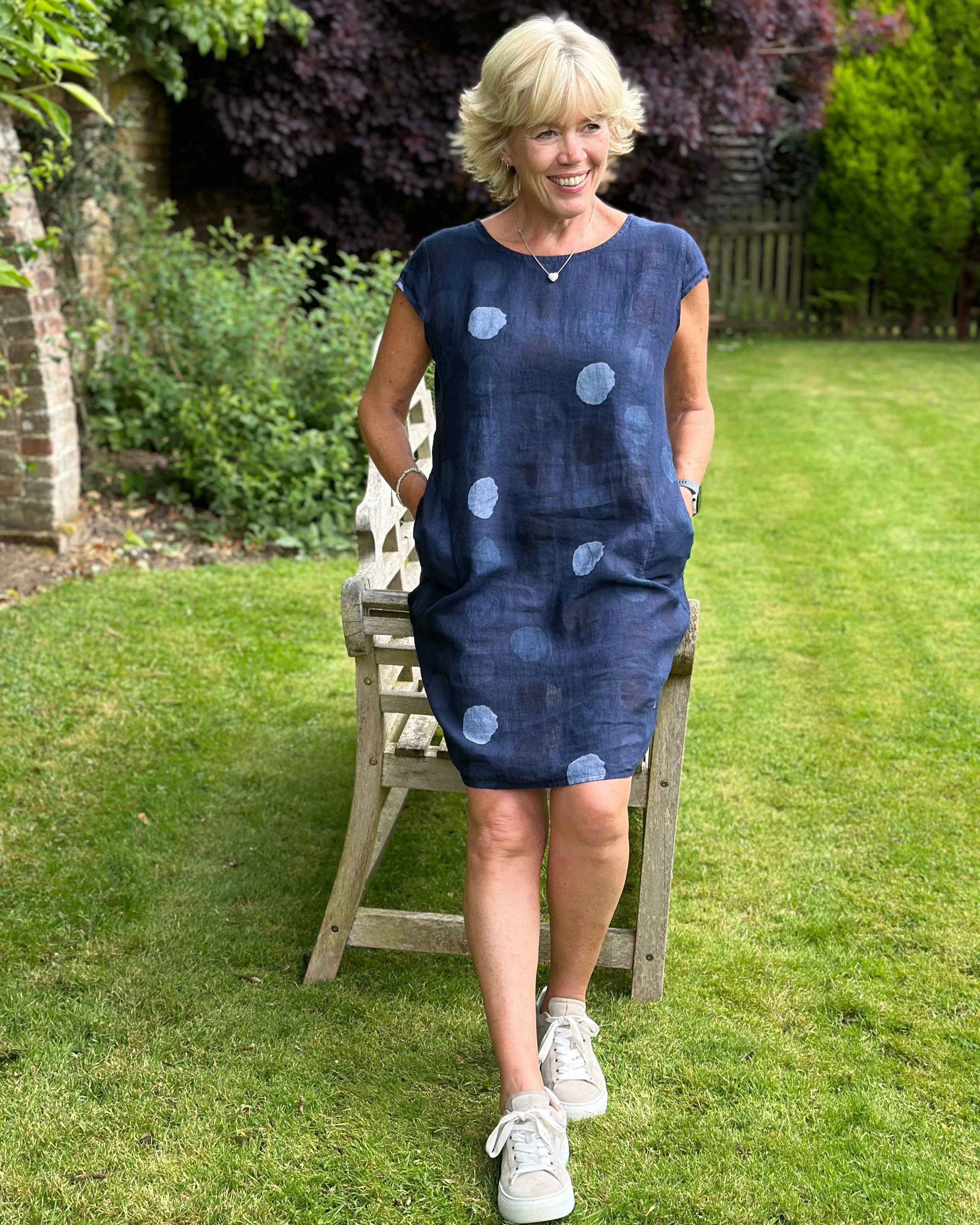 Linen Dress - Navy With Dots