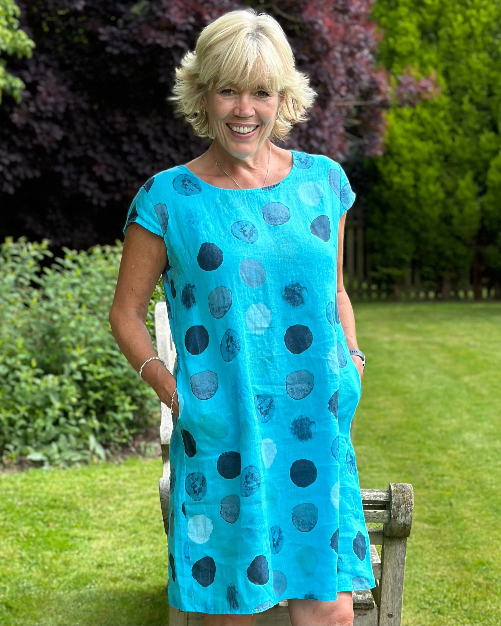 Linen Dress - Turquoise With Dots