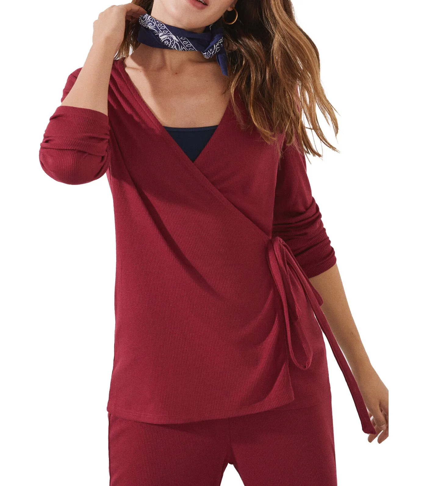 Long Ribbed Pajamas with Wrap Top Set Red