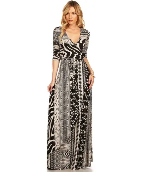 Maxi Dress with Sleeves Vertical Tribal Black Tan