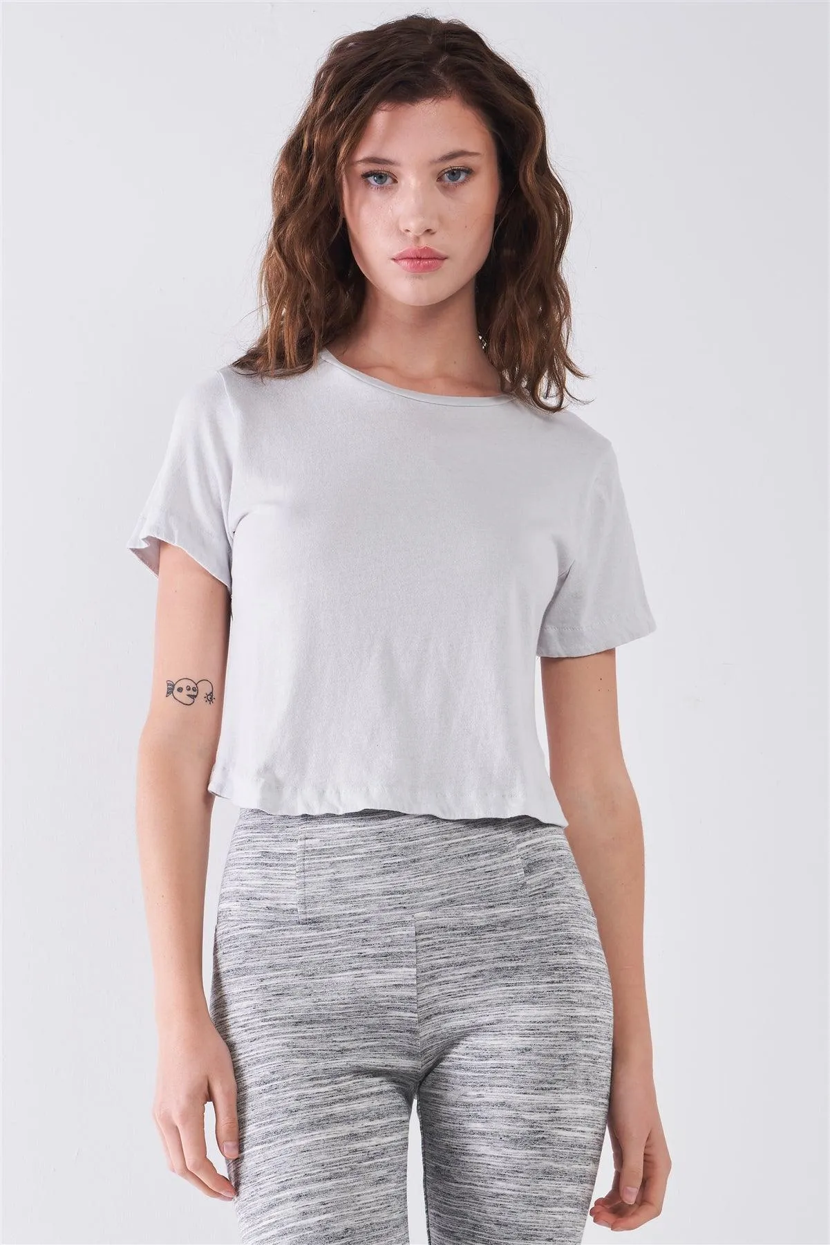 Moonshine Grey Short Sleeve Round Neck Petal Split Back Detail Crop Tee