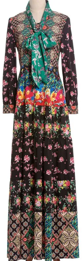 Multi Mixed Print Maxi Dress with Neck-Tie