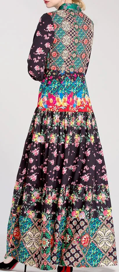 Multi Mixed Print Maxi Dress with Neck-Tie