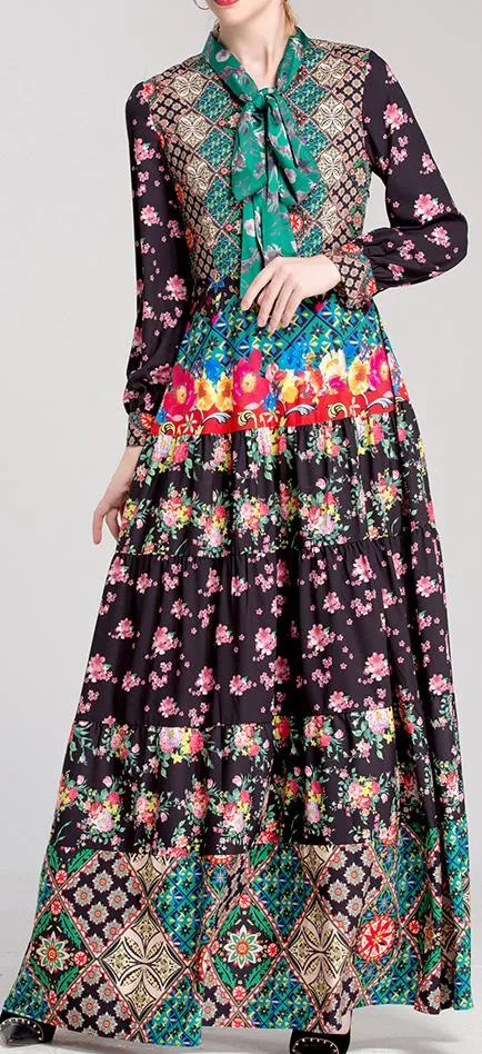 Multi Mixed Print Maxi Dress with Neck-Tie