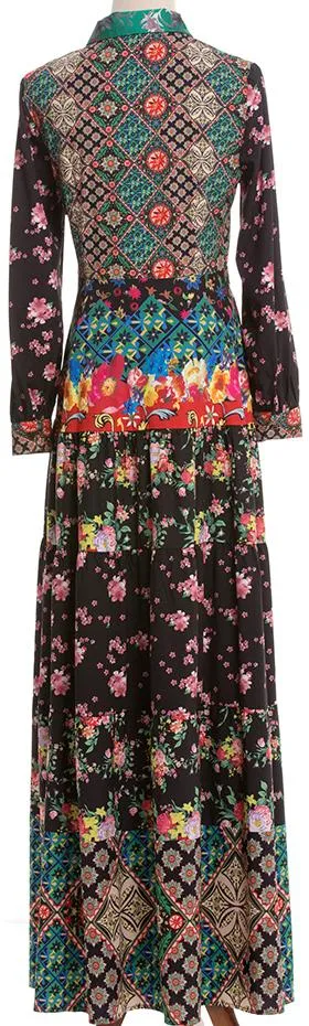 Multi Mixed Print Maxi Dress with Neck-Tie