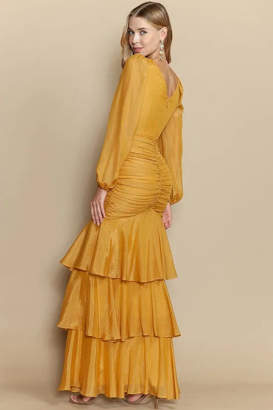 Mustard Deep V Neck Long Sleeve Ruffle Layered Maxi Dress