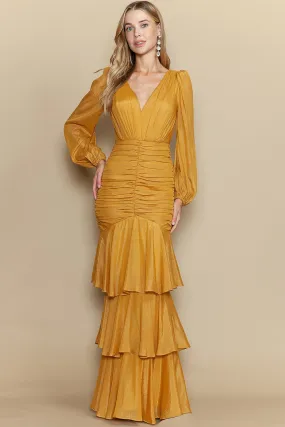 Mustard Deep V Neck Long Sleeve Ruffle Layered Maxi Dress