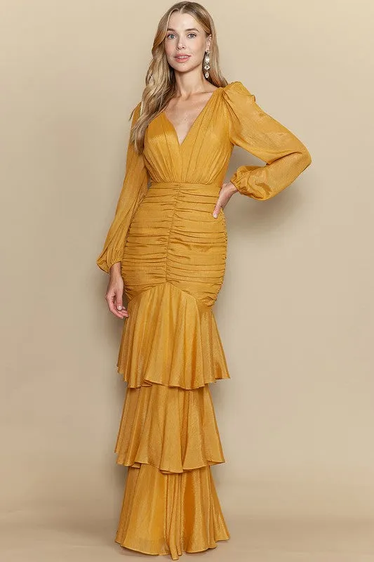 Mustard Deep V Neck Long Sleeve Ruffle Layered Maxi Dress