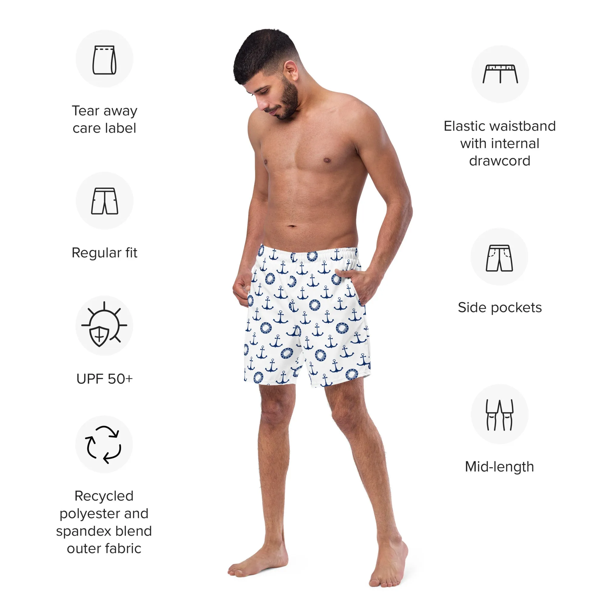 Nautical anchor pattern swim trunks for men