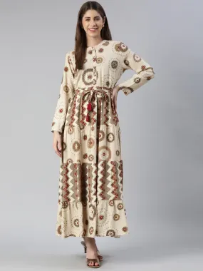 Neeru's Cream Maxi Casual Printed Dresses