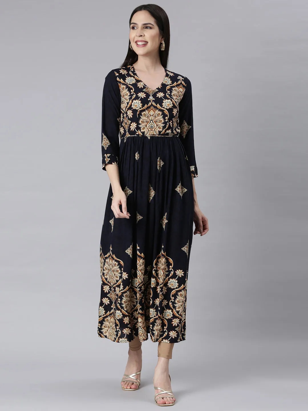 Neerus Navy Blue Curved Casual Floral Maxi Dresses