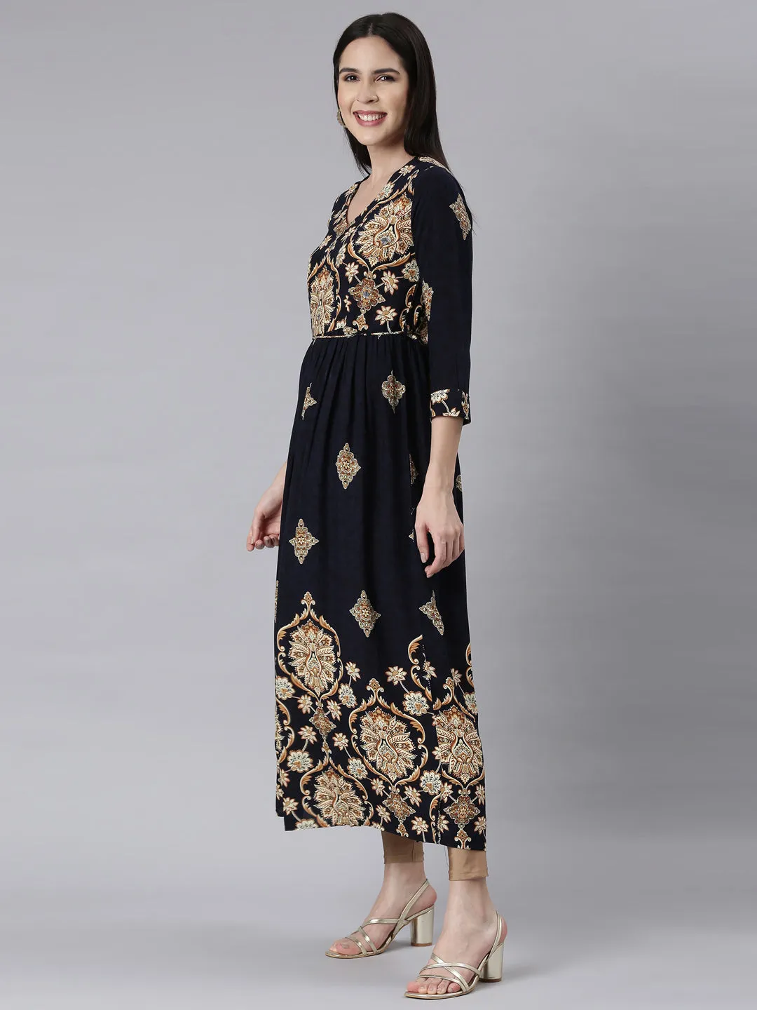 Neerus Navy Blue Curved Casual Floral Maxi Dresses