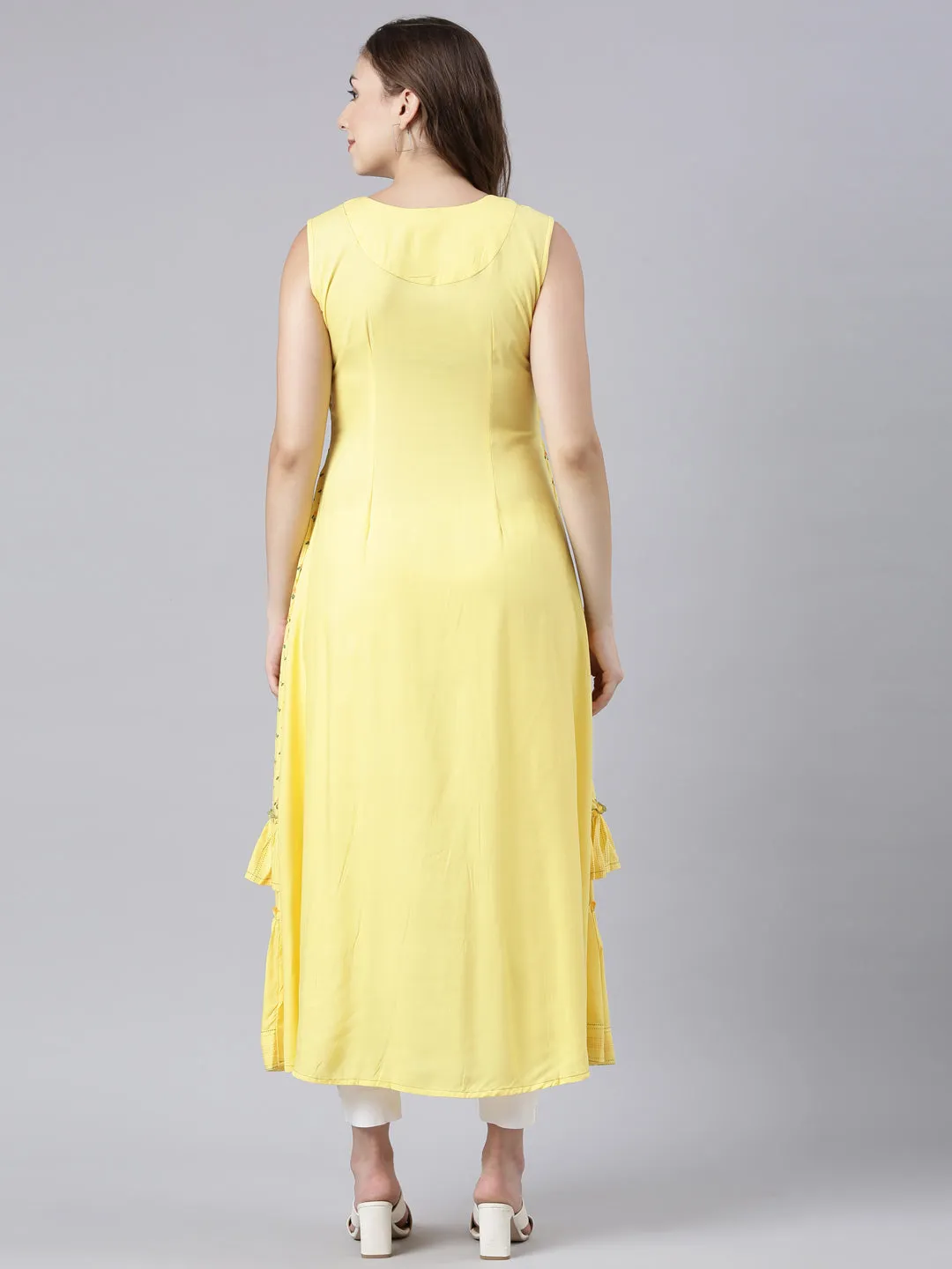 Neerus Yellow Flared Casual Solid Maxi Dresses