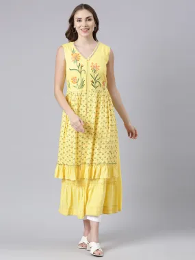 Neerus Yellow Flared Casual Solid Maxi Dresses