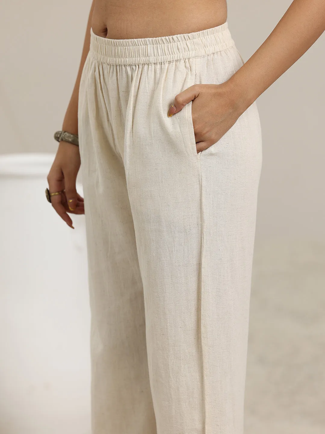 Off White Solid Cotton Straight Fit Trousers