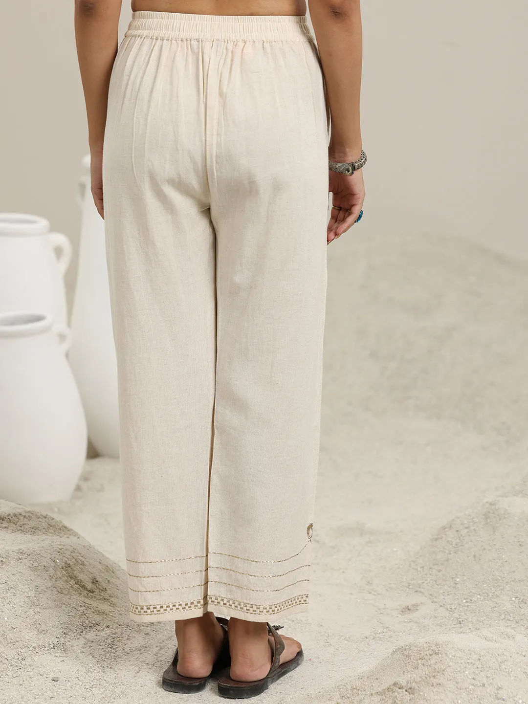 Off White Solid Cotton Straight Fit Trousers