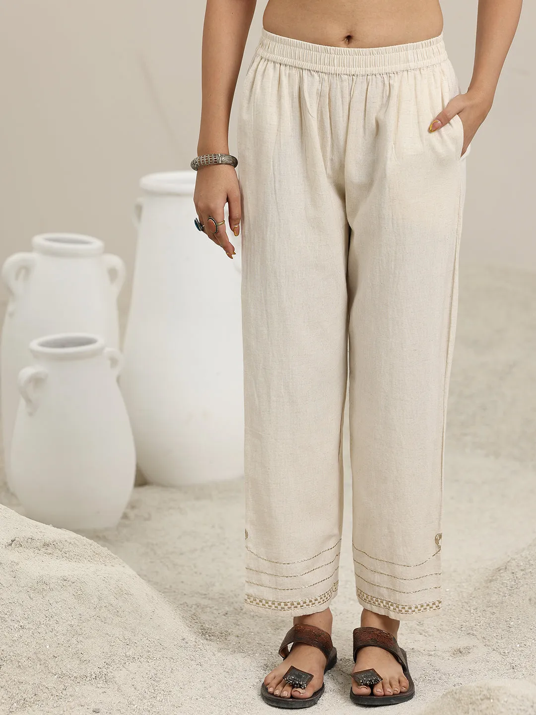 Off White Solid Cotton Straight Fit Trousers