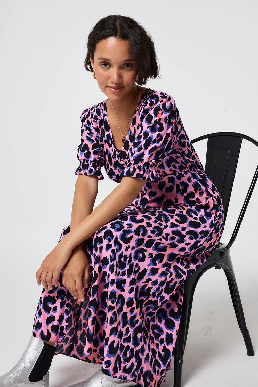 Pink with Blue and Black Shadow Leopard Flute Sleeve Midi Tea Dress