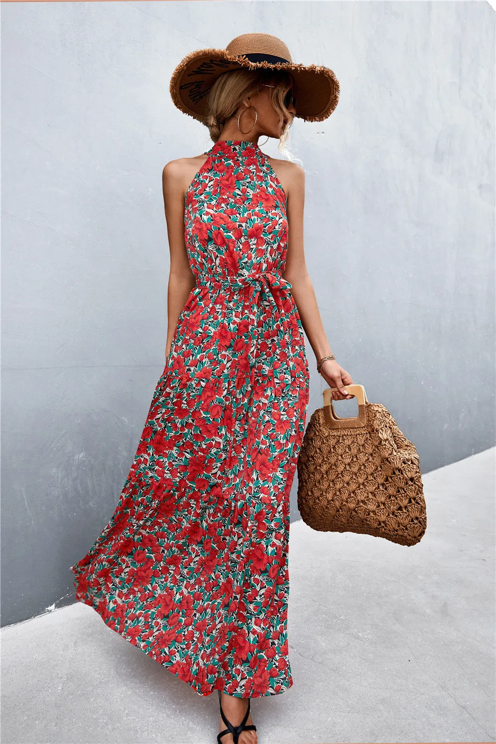 Printed Sleeveless Tie Waist Maxi Dress