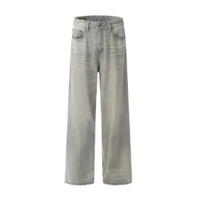 Punk Vintage Wash Denim Straight Wide Leg Pants Men