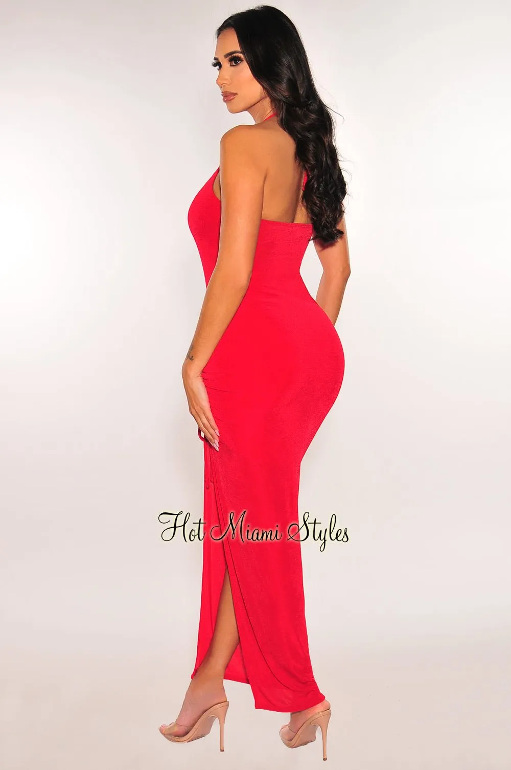 Red Ribbed Shimmery Halter Drawstring Slit Maxi Dress