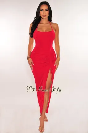 Red Ribbed Shimmery Halter Drawstring Slit Maxi Dress