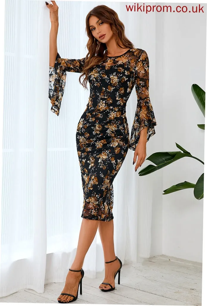 Round Tia Neck Bodycon Club Dresses Sleeves Dresses Lace Elegant Long Flower(s) Midi