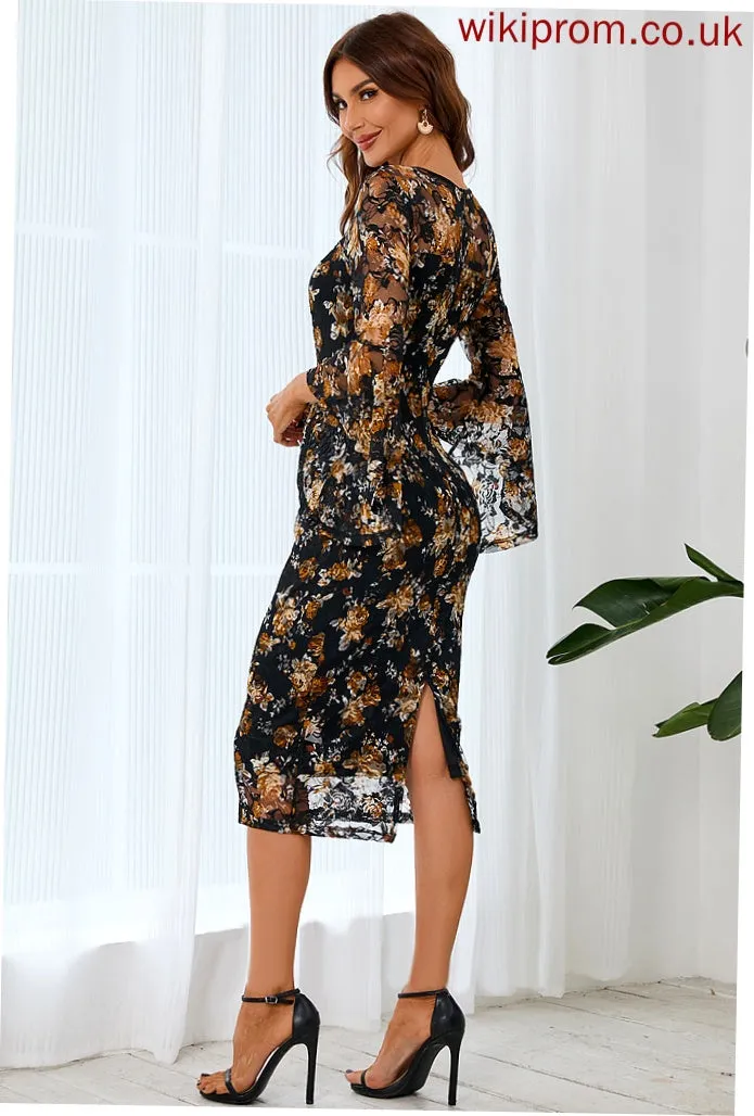 Round Tia Neck Bodycon Club Dresses Sleeves Dresses Lace Elegant Long Flower(s) Midi