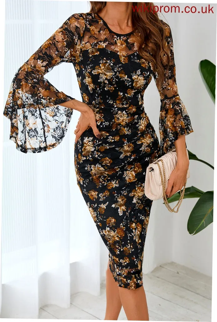 Round Tia Neck Bodycon Club Dresses Sleeves Dresses Lace Elegant Long Flower(s) Midi