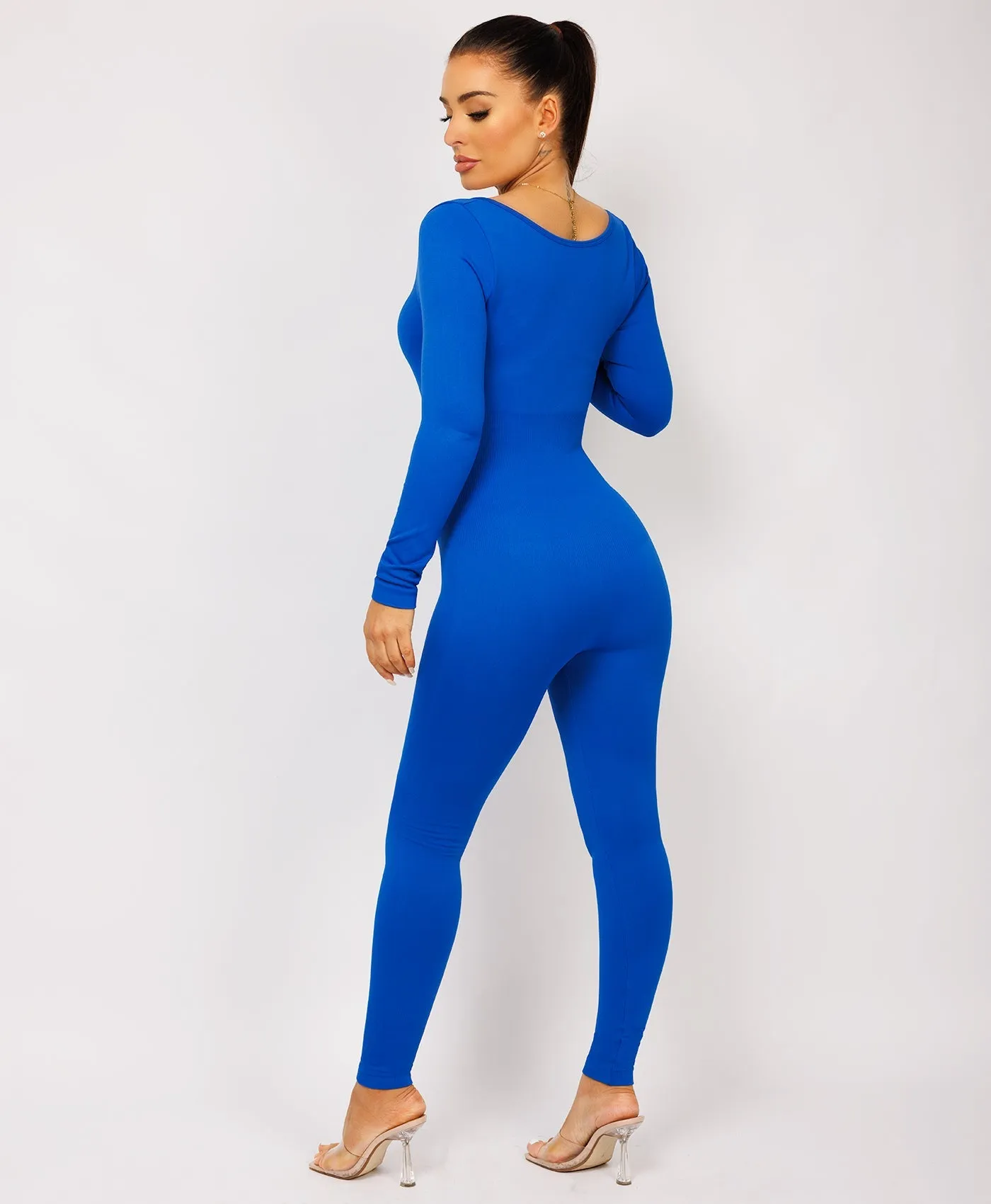 Royal Blue Elastic Ribbed Waist Round Neck Jumpsuit