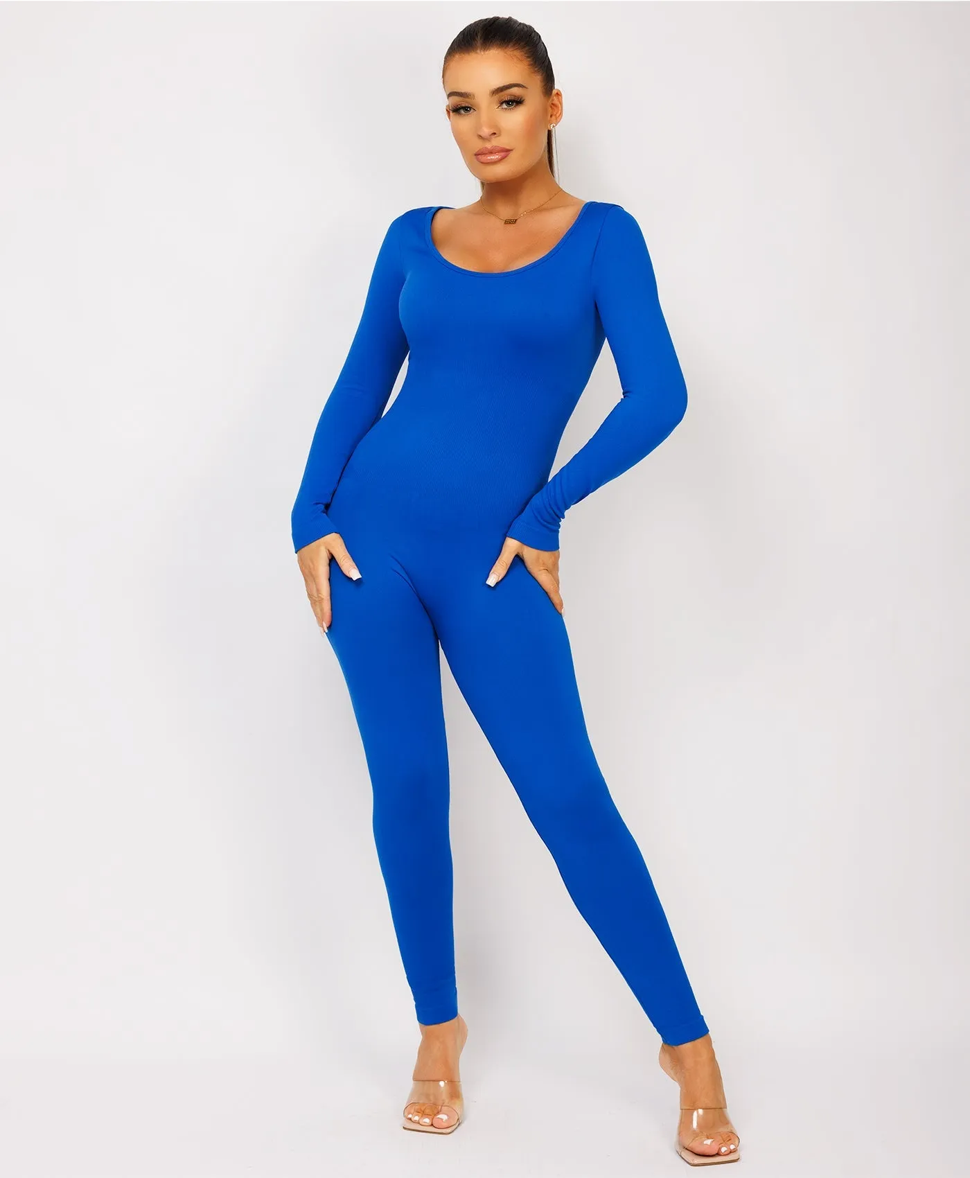 Royal Blue Elastic Ribbed Waist Round Neck Jumpsuit