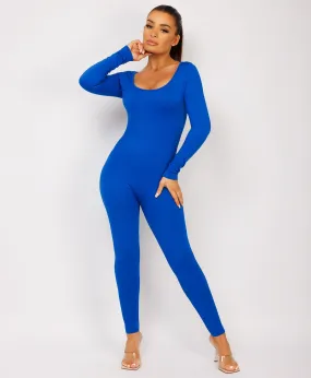 Royal Blue Elastic Ribbed Waist Round Neck Jumpsuit