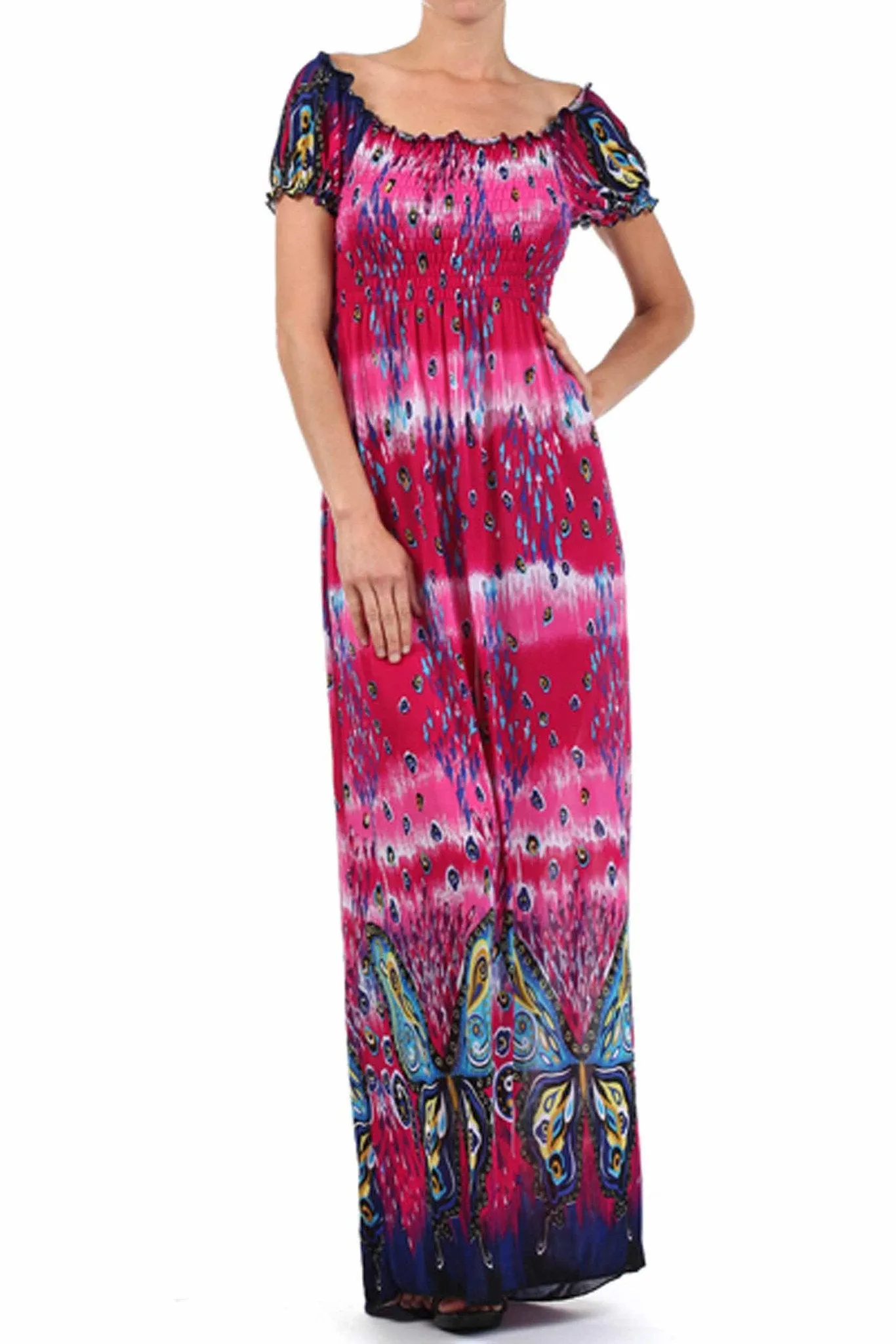 Sakkas Butterfly Smocked Bodice Cap Sleeve Maxi Dress