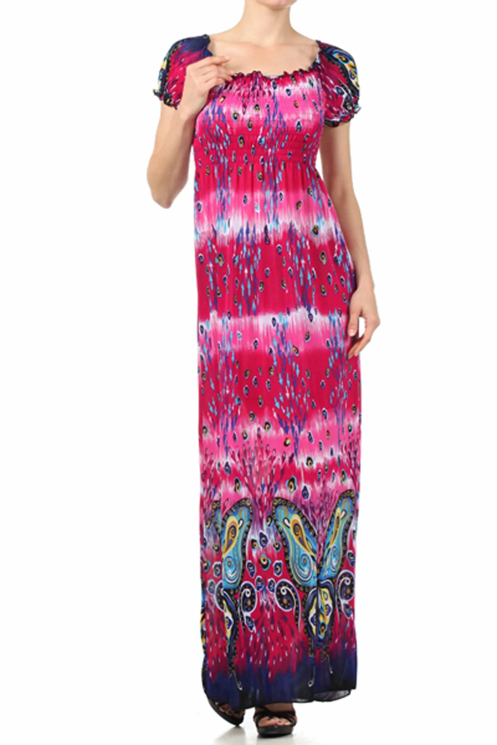 Sakkas Butterfly Smocked Bodice Cap Sleeve Maxi Dress