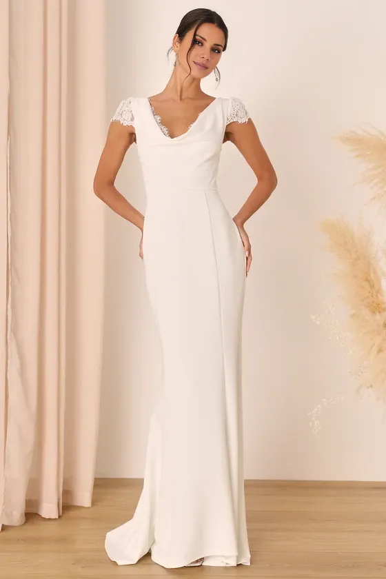 Sheath White Lace Cap Sleeve Mermaid Floor-length Maxi Dress Wedding Dresses