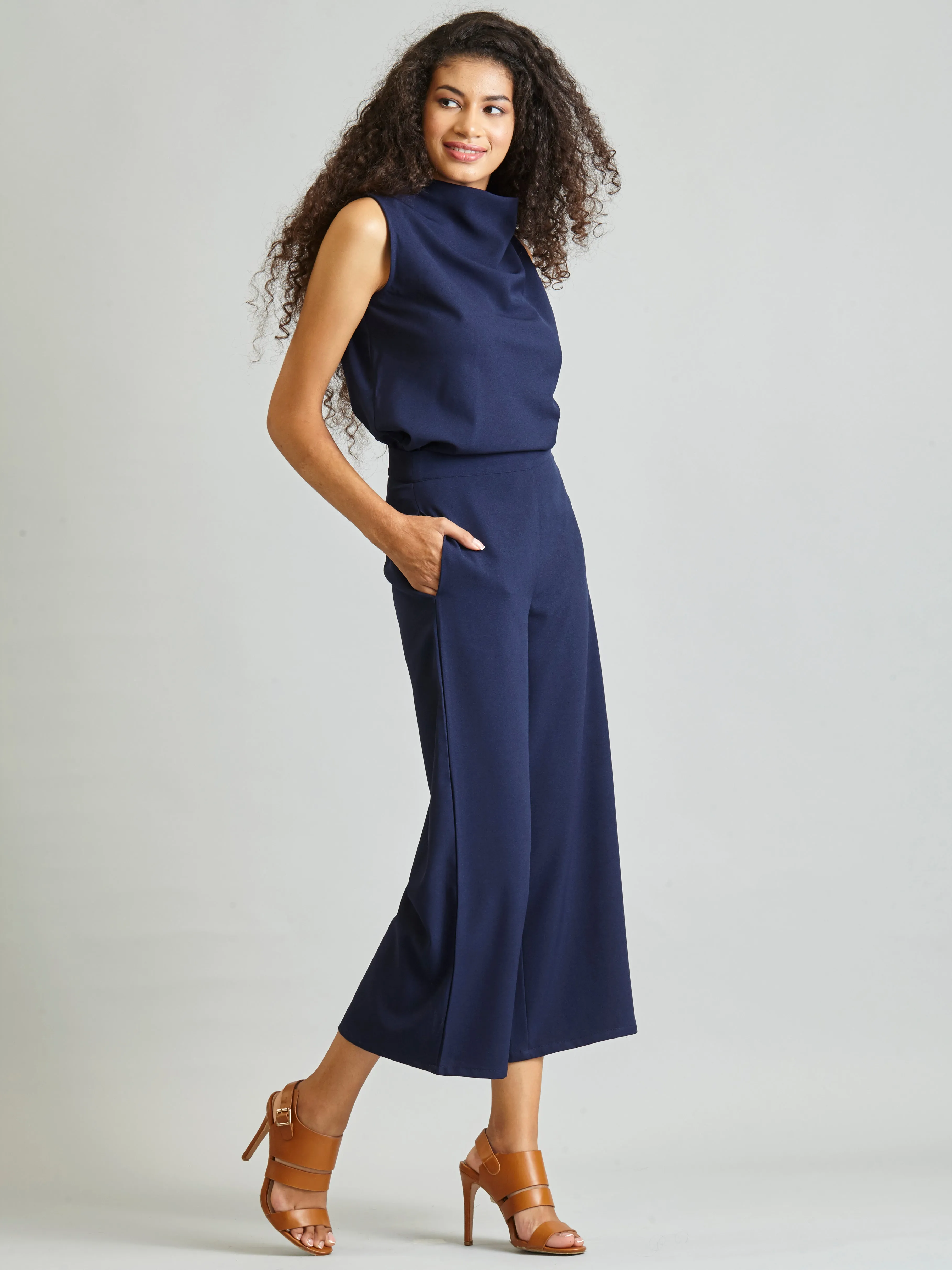 Side Zipper Culottes - Navy