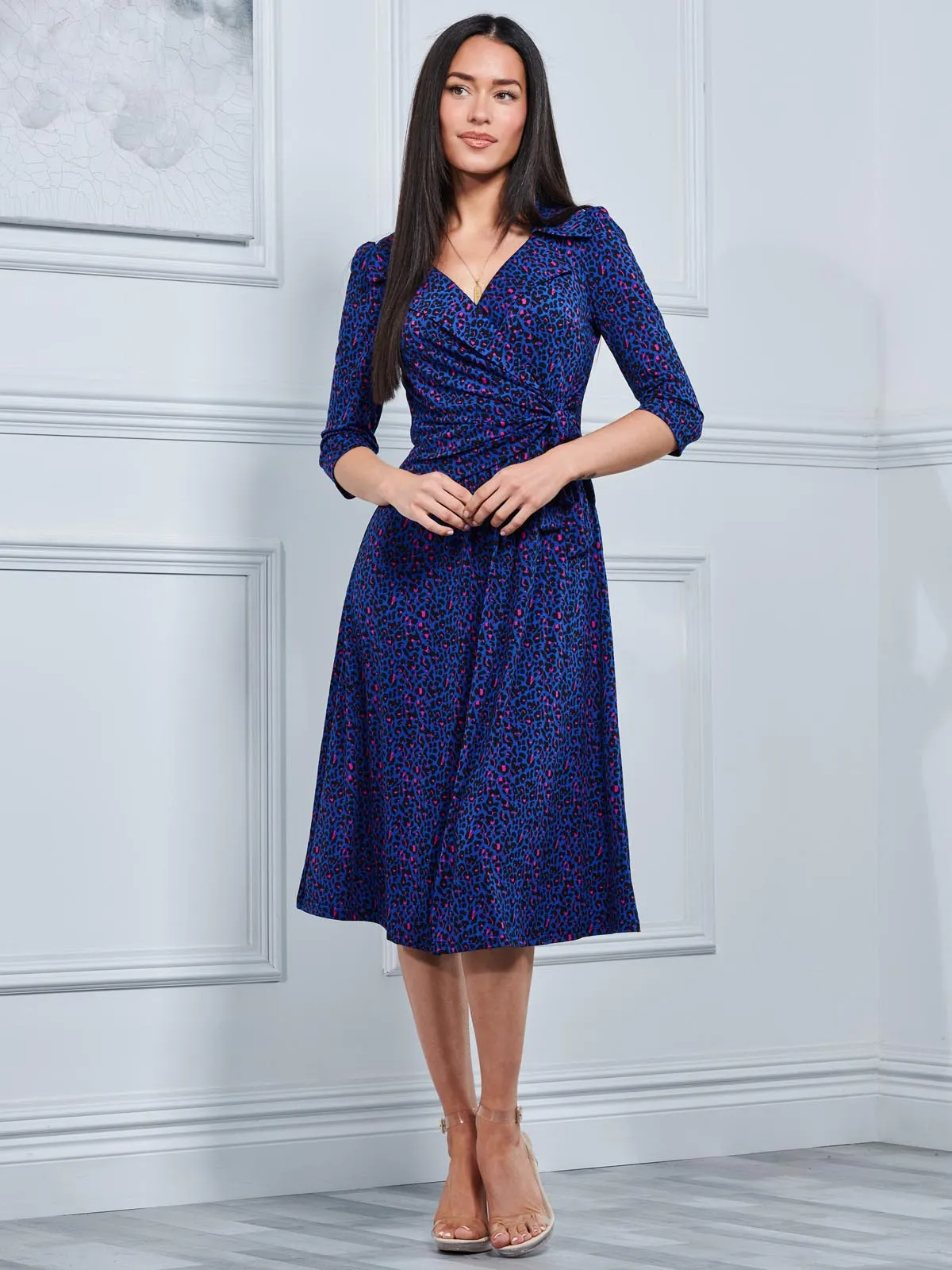 Sylvie Wrap Collar Dress, Blue Animal