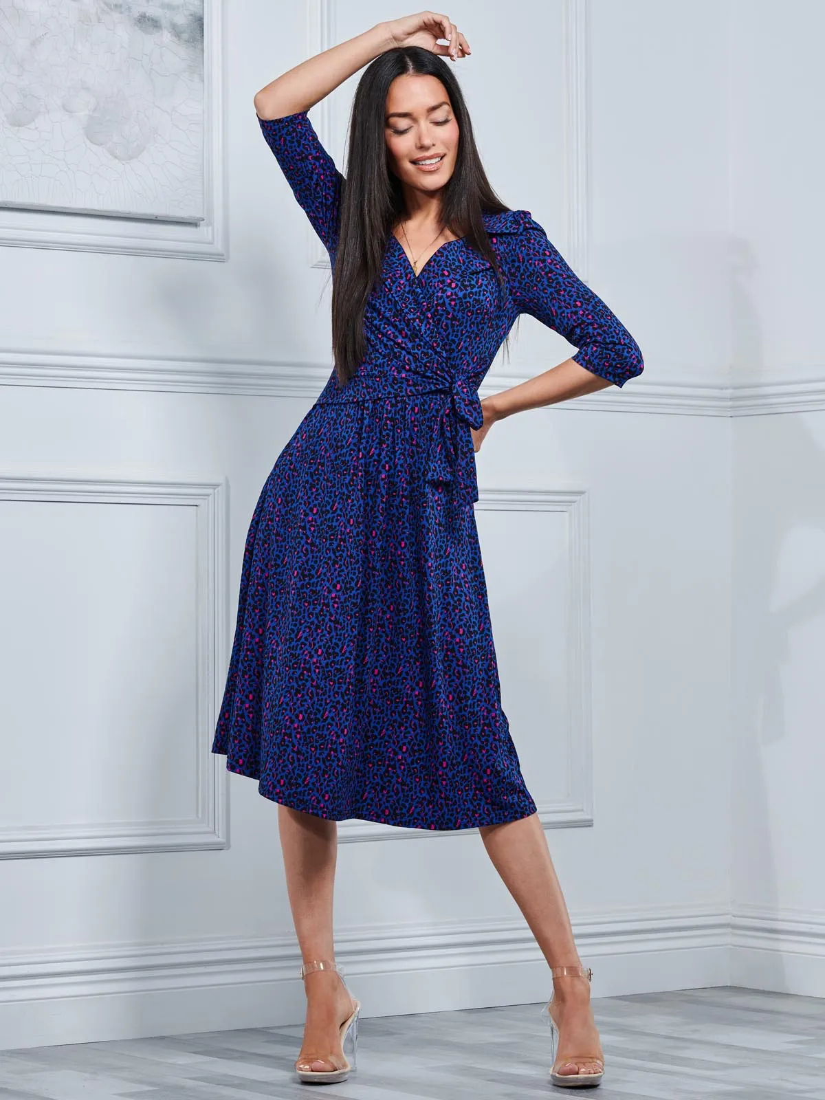 Sylvie Wrap Collar Dress, Blue Animal