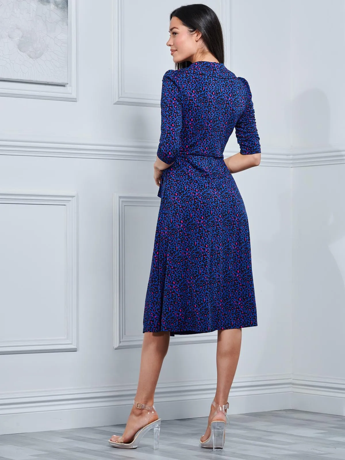 Sylvie Wrap Collar Dress, Blue Animal