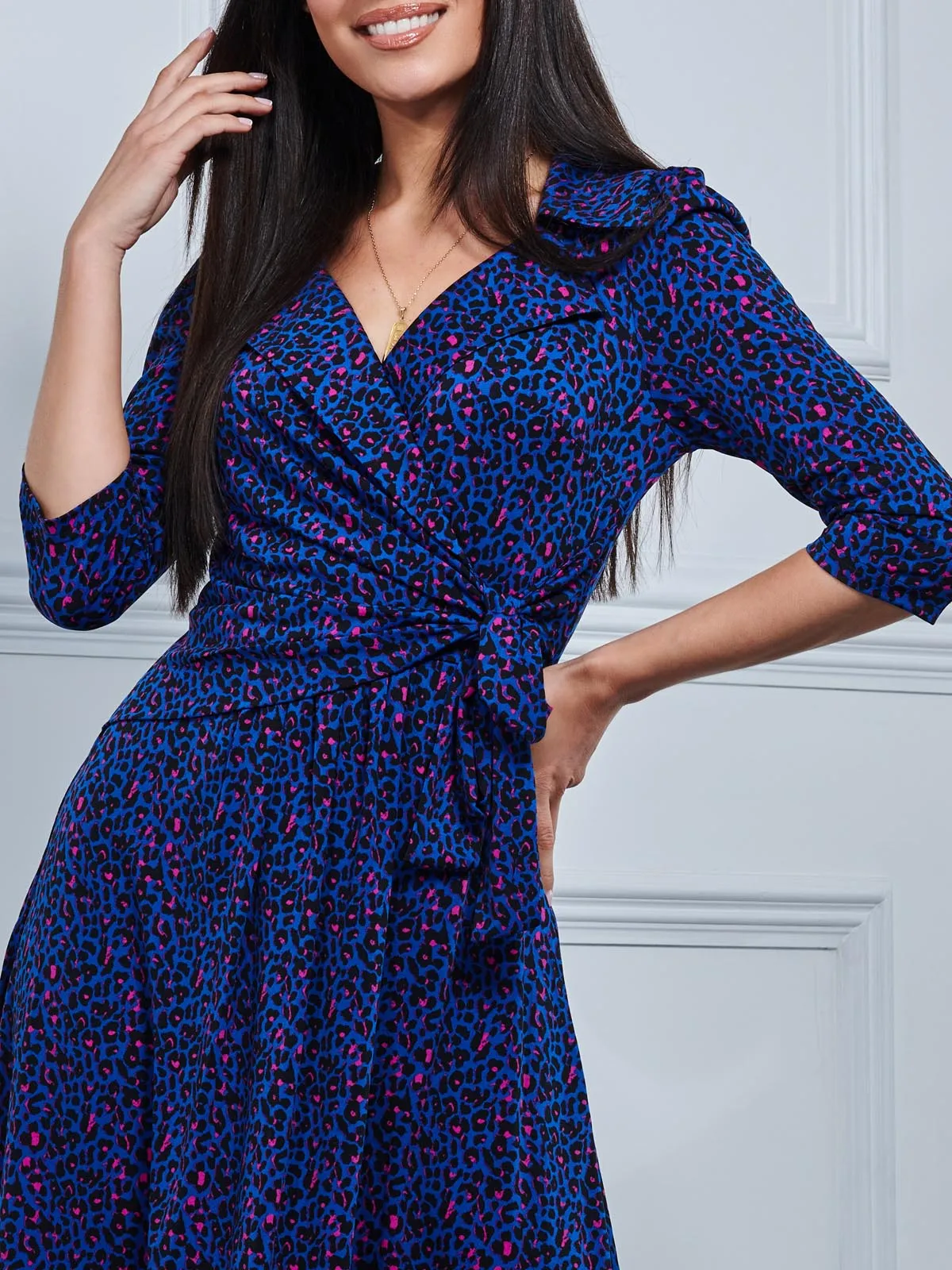 Sylvie Wrap Collar Dress, Blue Animal