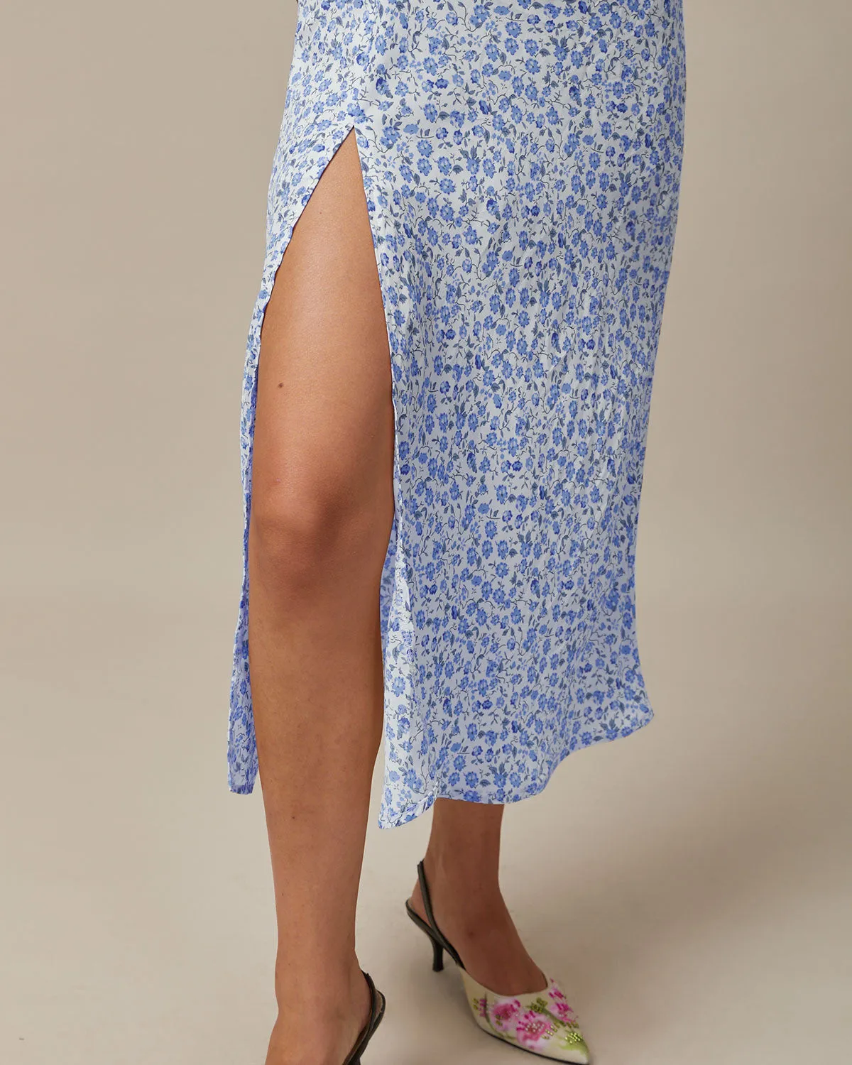 The Blue Round Neck Floral Slit Midi Dress